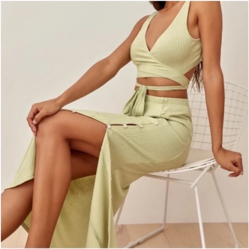Reformation Light Brown Ribbed Wrap Crop Top